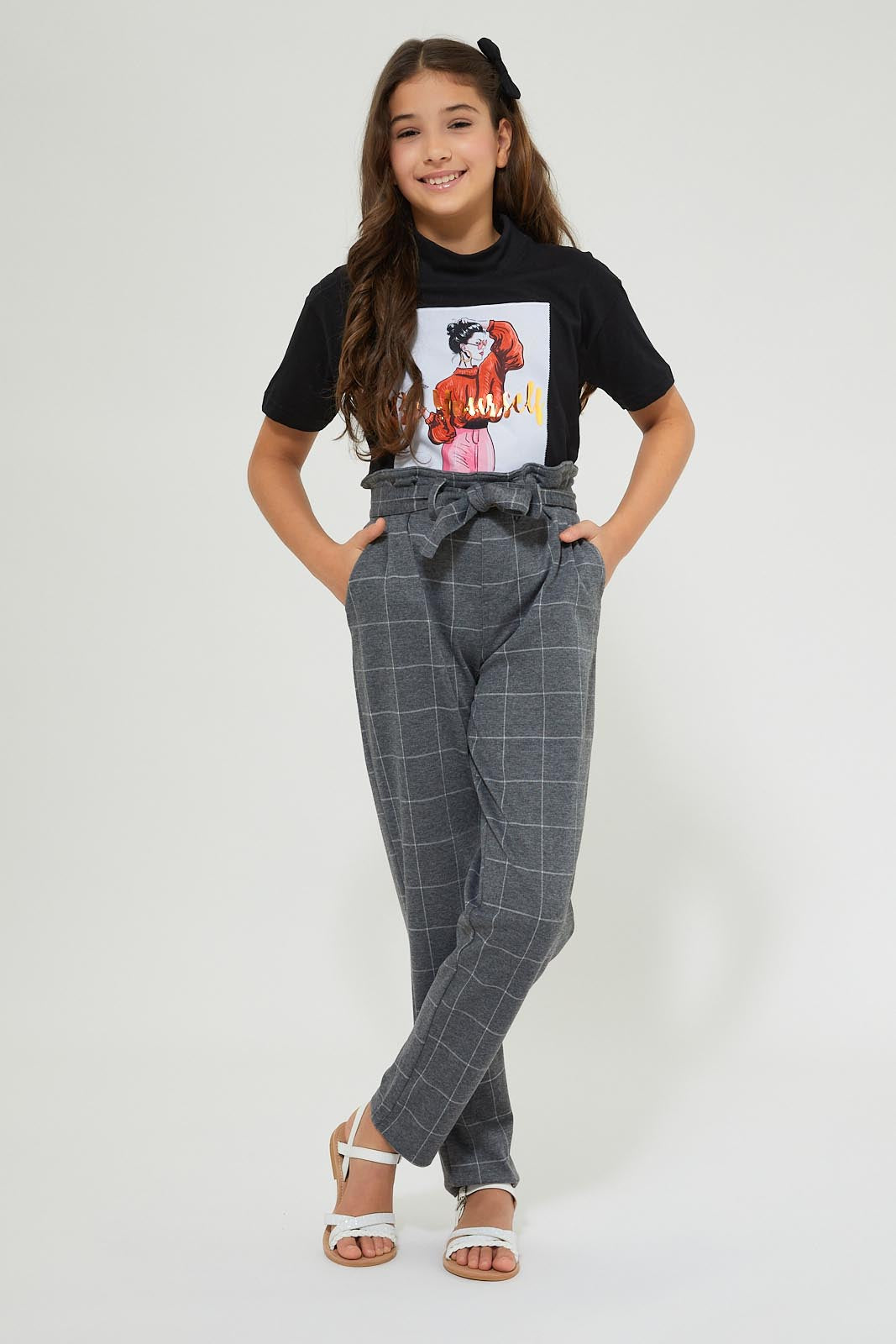 Grey Checkered Paperbag-Waist Trouser
