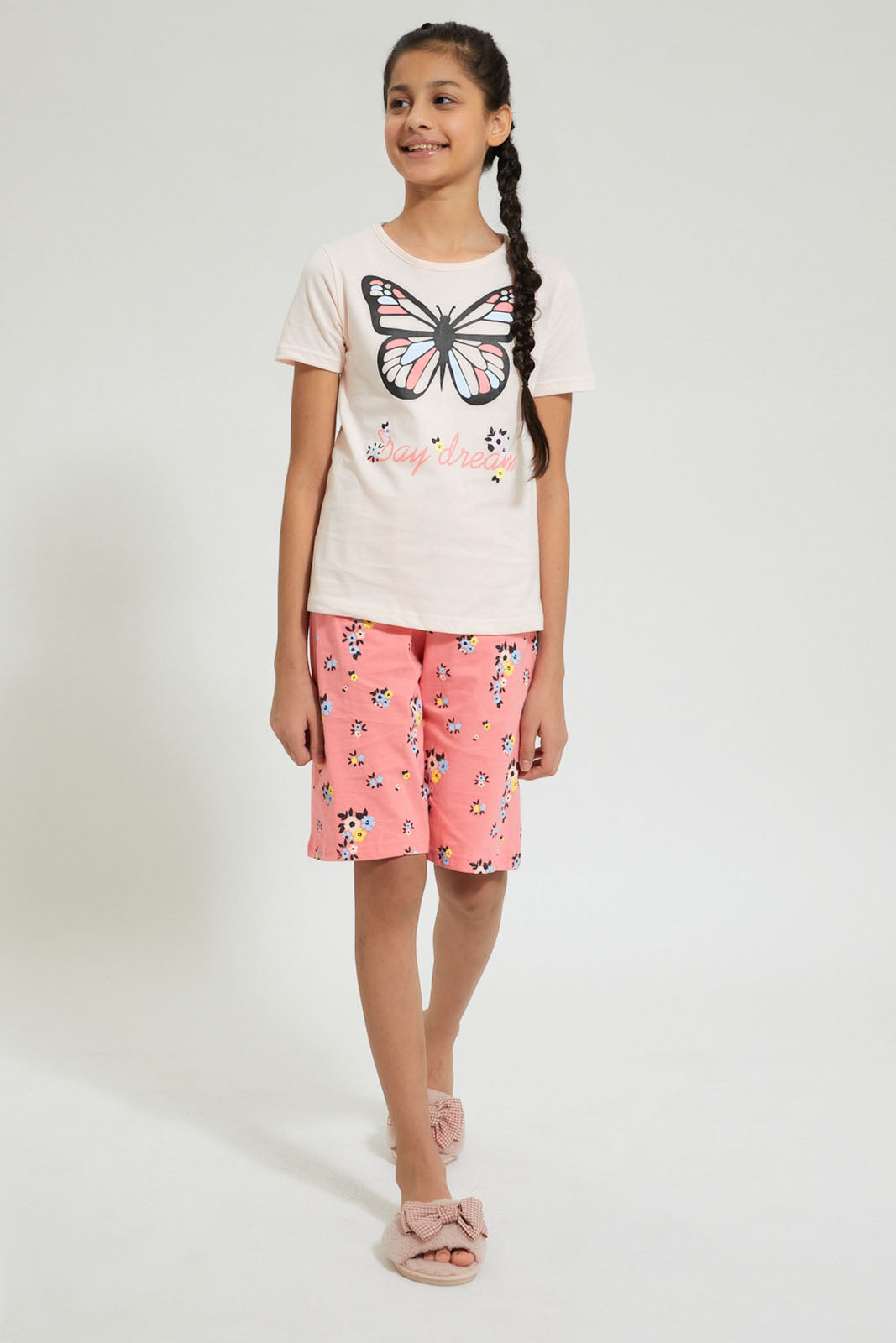 Pink Butterfly And Floral Printed Short Set