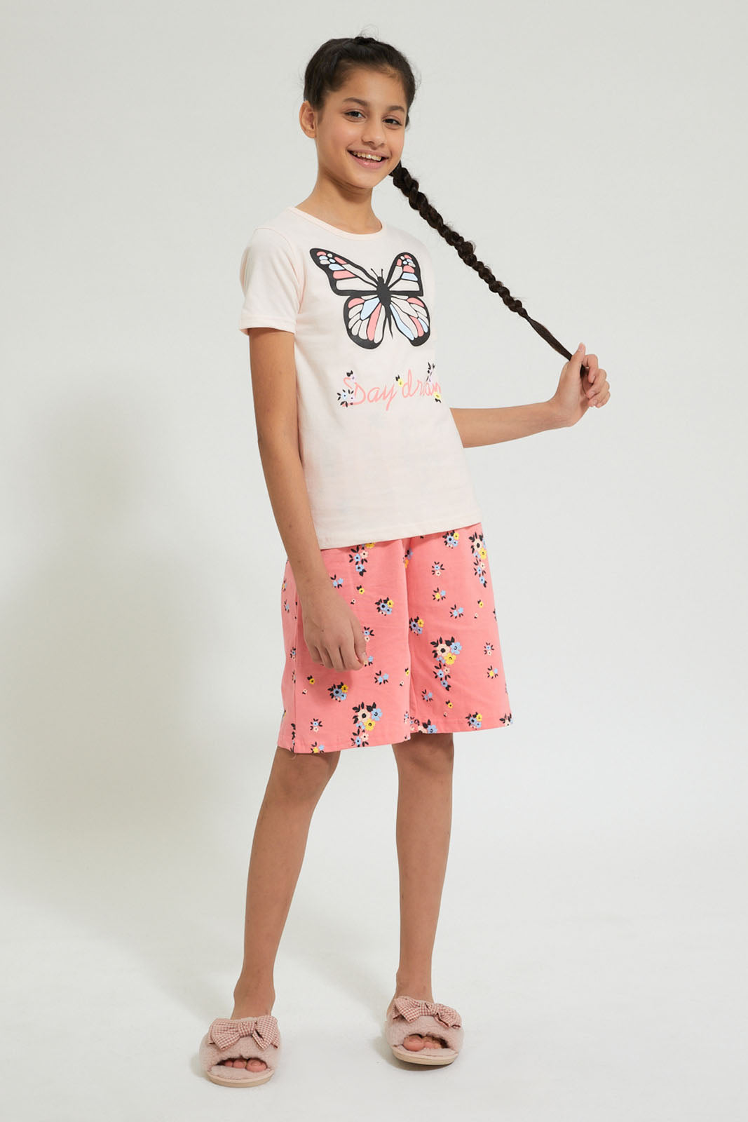 Pink Butterfly And Floral Printed Short Set