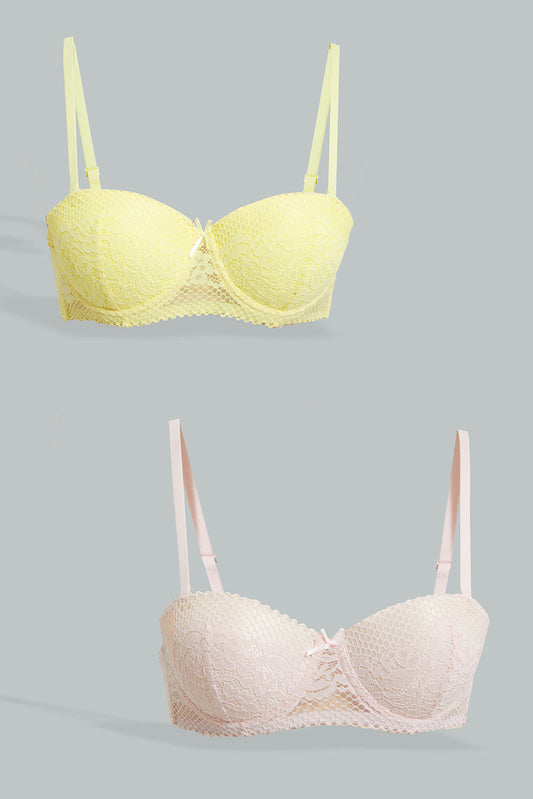 Pink/Yellow Lace Push Up Bra Set (Pack Of 2)