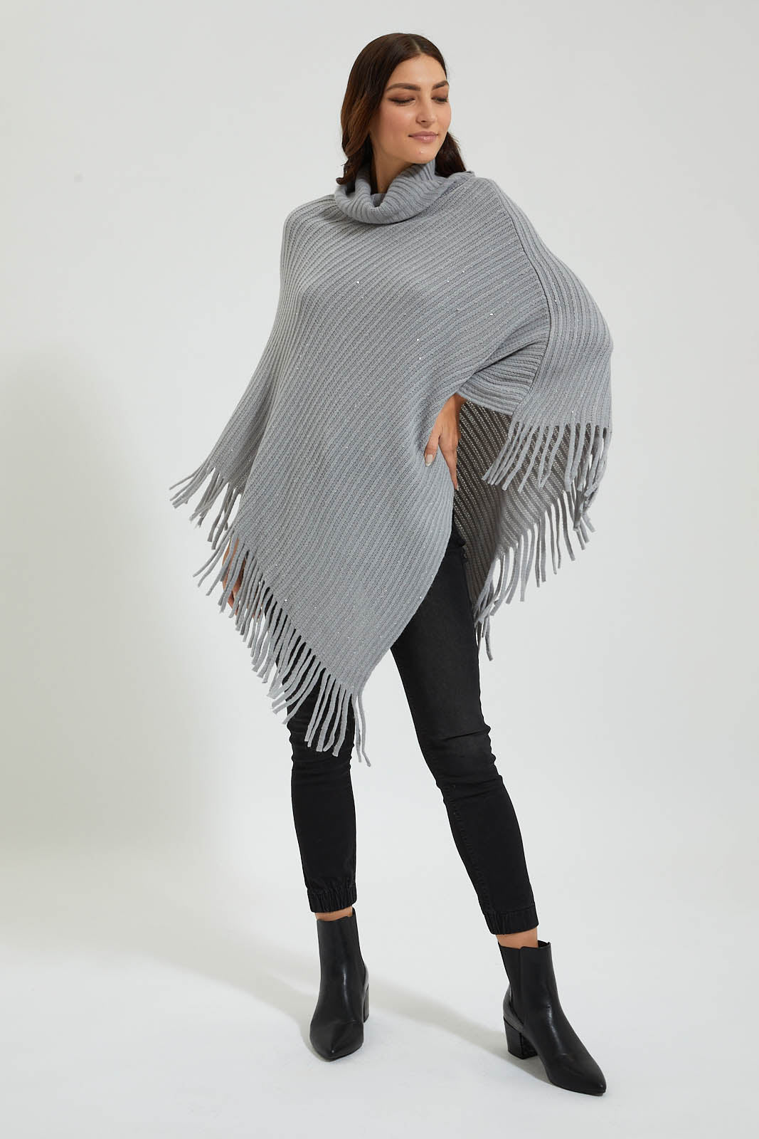 Redtag-Grey-Roll-Neck-Sequined-Poncho-Colour:Grey,-EHW,-Filter:Women's-Clothing,-New-In,-New-In-Women,-Non-Sale,-Section:Women,-W21B,-Women-Pullovers-Women's-