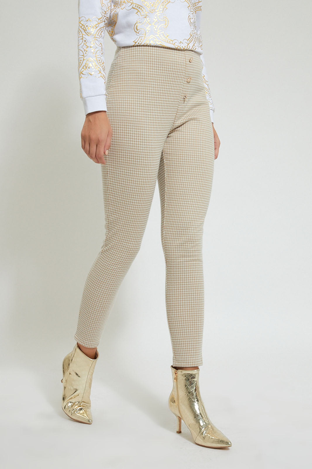 Beige Checkered Trouser With Buttons