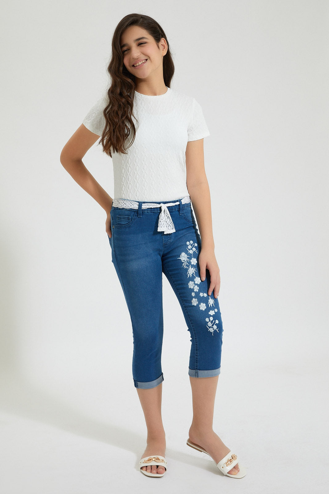 Blue Embroidered Capri With Belt