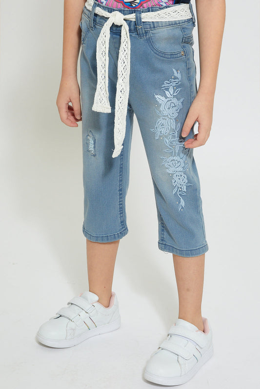 Girls Blue Embroidered Jeans