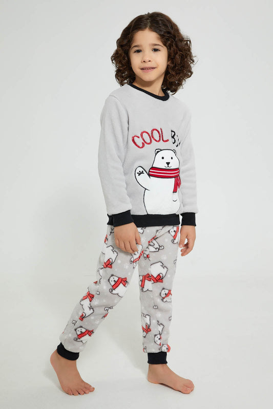 Redtag-Grey-Applique-Fleece-Pyjama-Set-Pyjama-Sets-Boys-2 to 8 Years