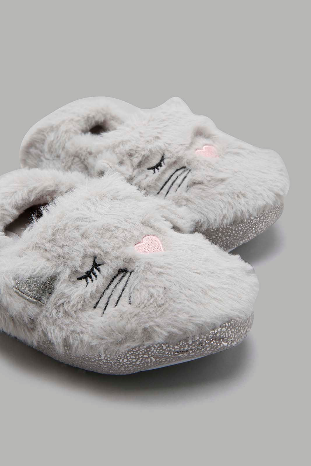 Redtag-Grey-Cat-Face-Slippers-Character,-Colour:Mid-Grey,-Filter:Girls-Footwear-(3-to-5-Yrs),-GIR-Slippers,-New-In,-New-In-GIR-FOO,-Non-Sale,-W21A-Girls-3 to 5 Years