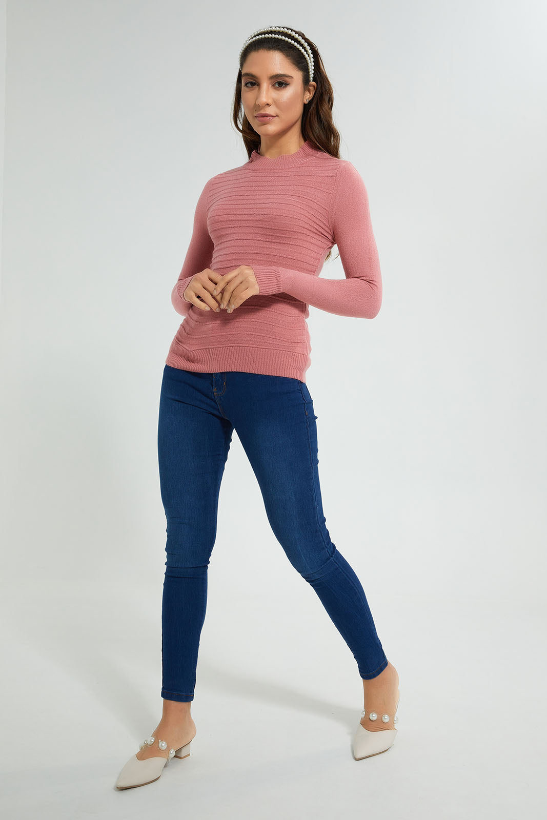 Redtag-Self-Stripe-High-Neck-Pullover-Colour:Pink,-Deals:Bundle-Offer,-Filter:Women's-Clothing,-New-In,-New-In-Women,-Non-Sale,-Section:Women,-TBL,-W21B,-Women-Pullovers-Women's-