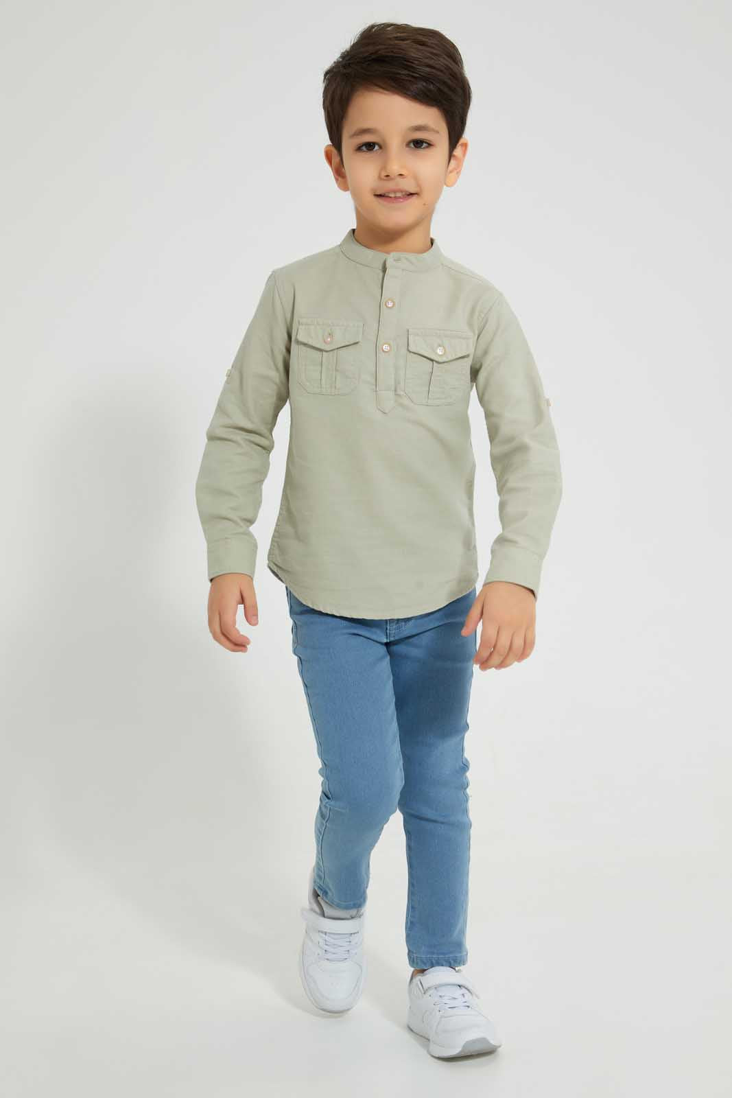 Redtag-Stone-Mandarin-Collar-Long-Sleeved-Shirt-Casual-Shirts-Boys-2 to 8 Years