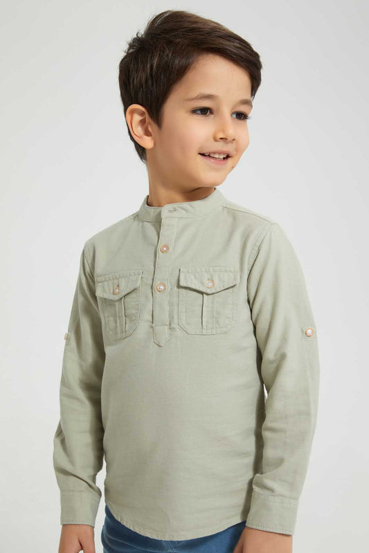 Redtag-Stone-Mandarin-Collar-Long-Sleeved-Shirt-Casual-Shirts-Boys-2 to 8 Years