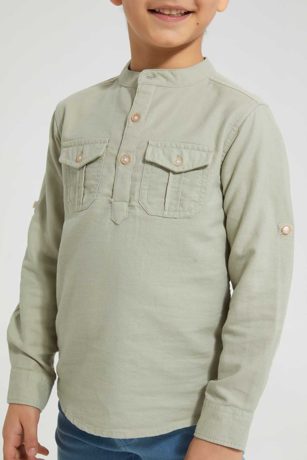 Redtag-Stone-Mandarin-Collar-Long-Sleeved-Shirt-Casual-Shirts-Boys-2 to 8 Years