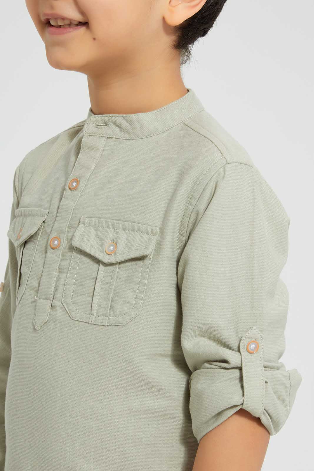 Redtag-Stone-Mandarin-Collar-Long-Sleeved-Shirt-Casual-Shirts-Boys-2 to 8 Years