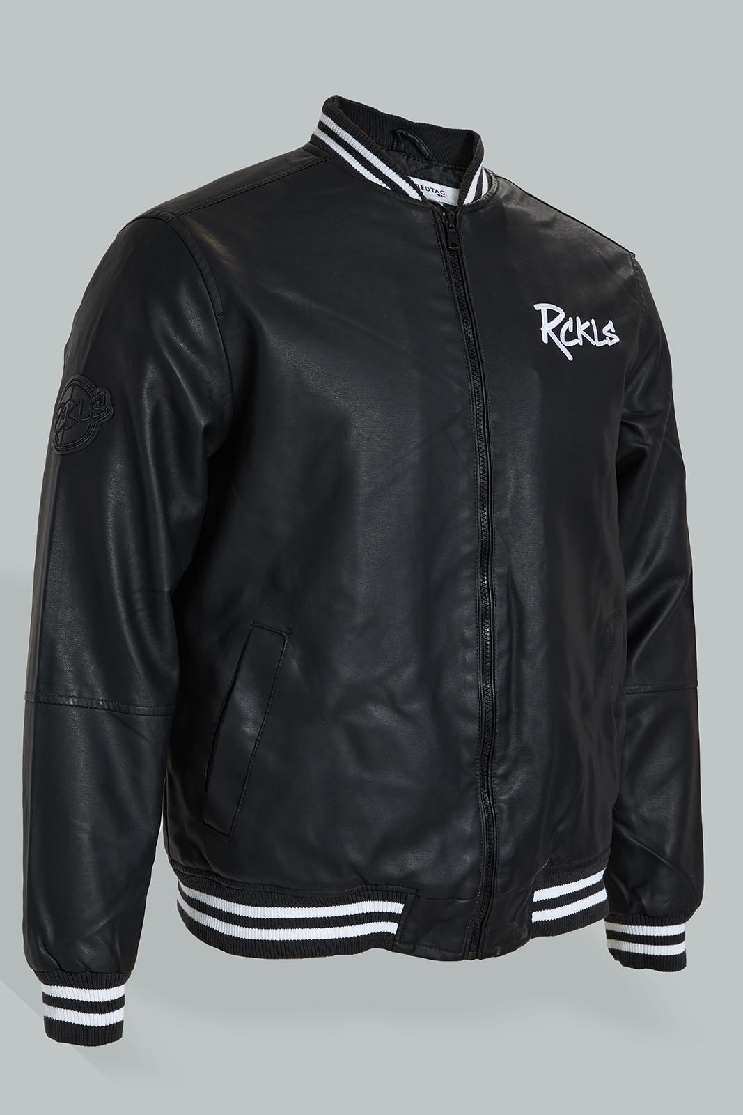 Redtag-Black-Bomber-Jacket-With-Signature-Logo-Jackets-Men's-
