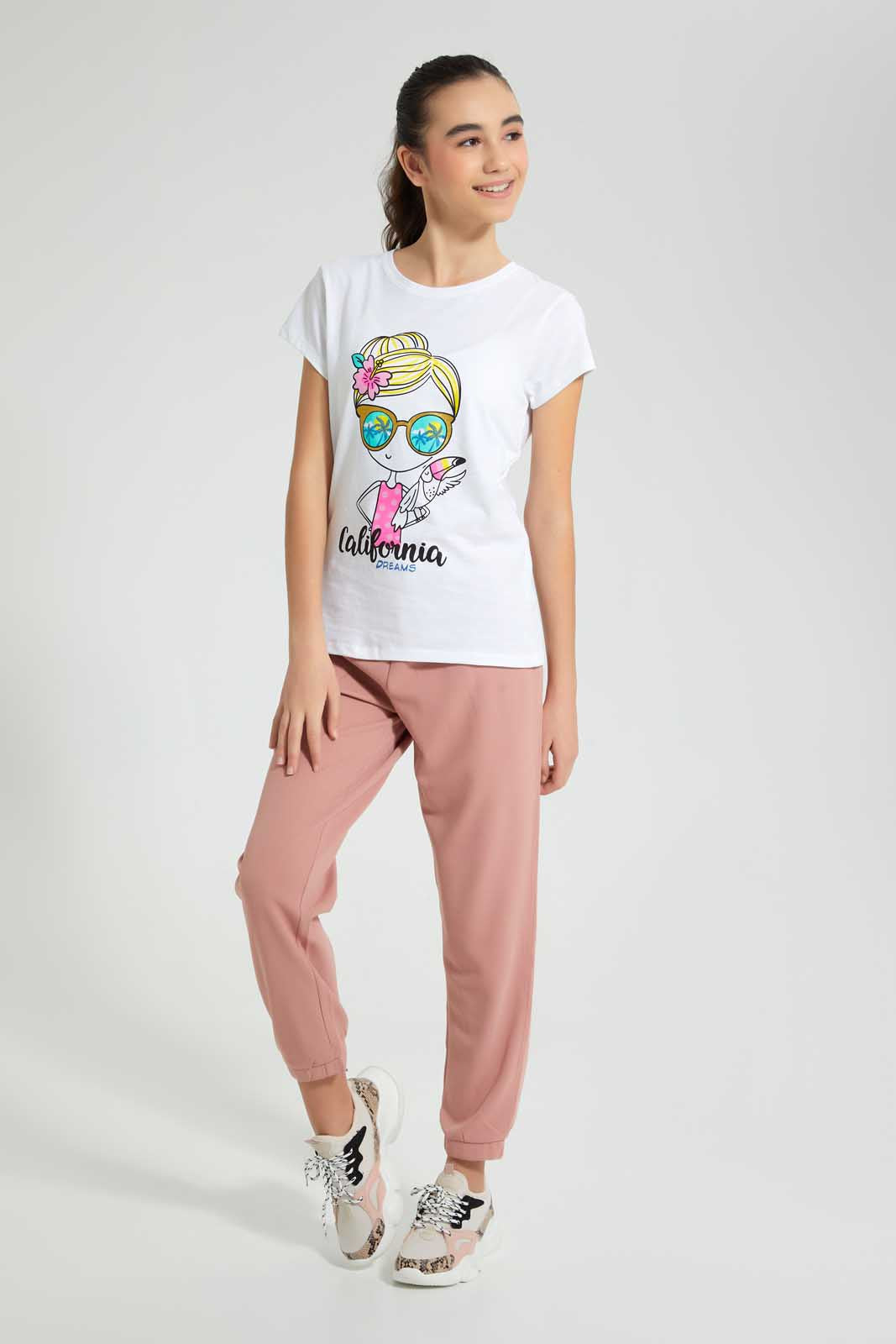 Redtag-White-Graphic-T-Shirt-Cropped-Tops-Senior-Girls-9 to 14 Years