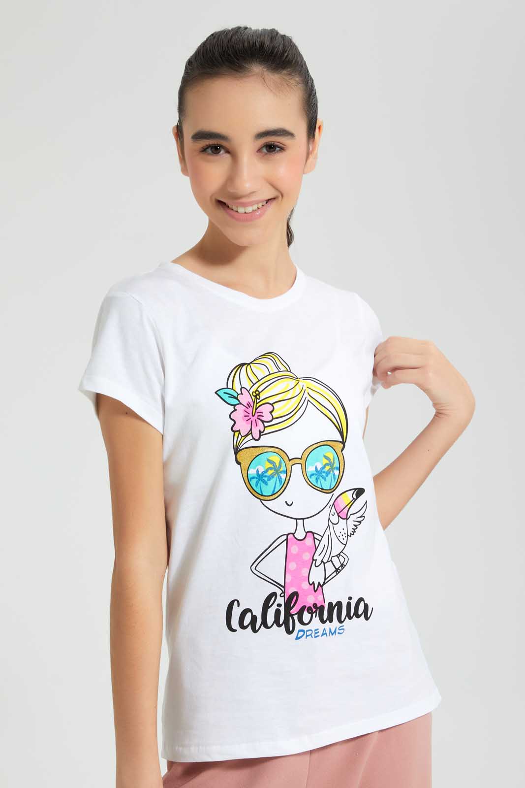 Redtag-White-Graphic-T-Shirt-Cropped-Tops-Senior-Girls-9 to 14 Years