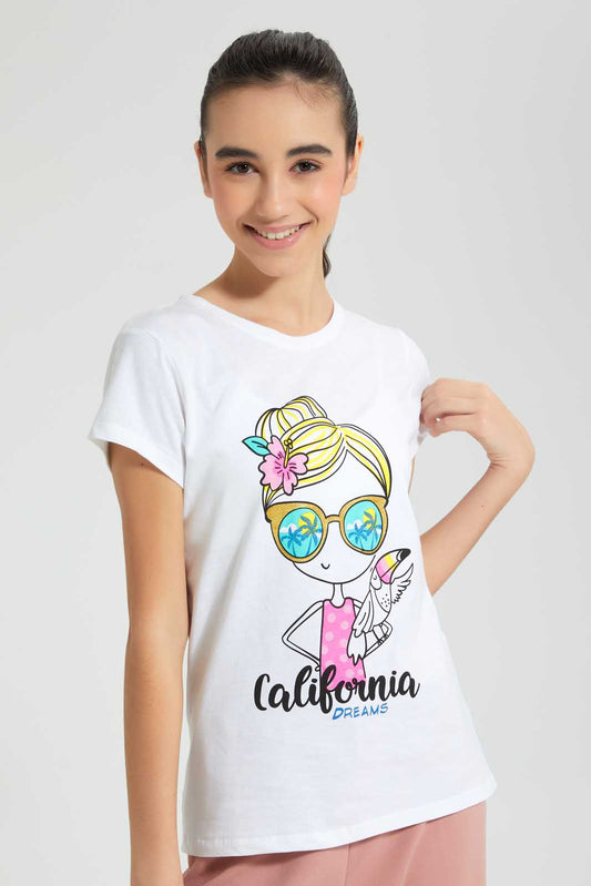 Redtag-White-Graphic-T-Shirt-Cropped-Tops-Senior-Girls-9 to 14 Years