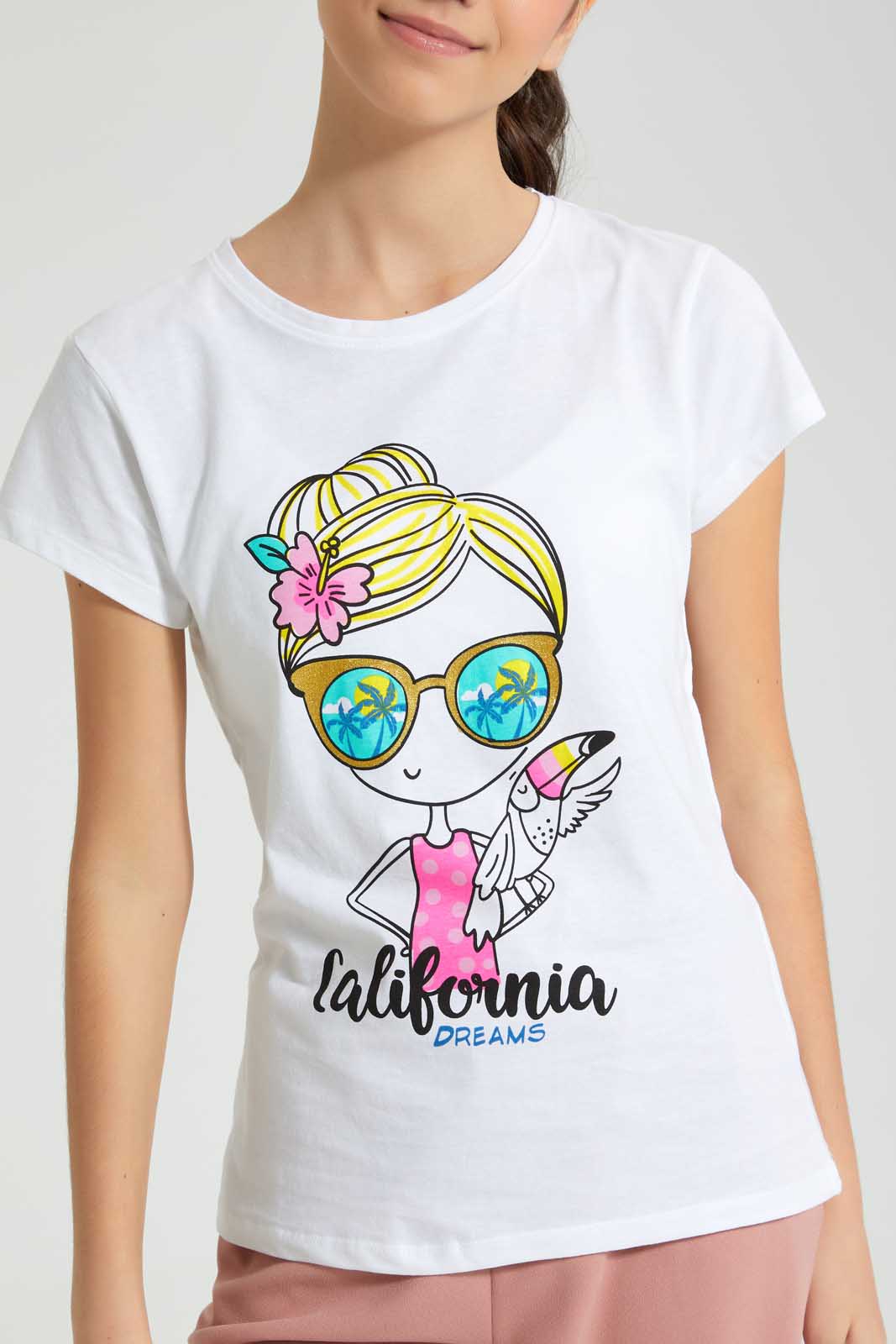 Redtag-White-Graphic-T-Shirt-Cropped-Tops-Senior-Girls-9 to 14 Years