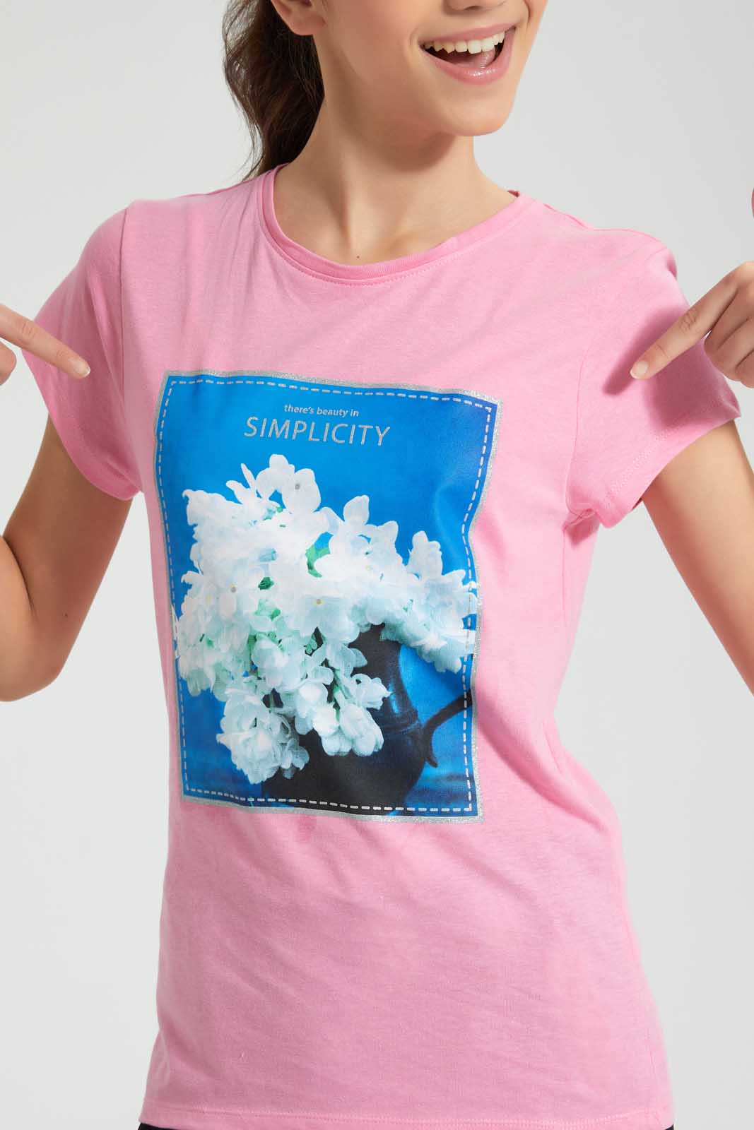 Redtag-Lt-Pink-Graphic-T-Shirt-Cropped-Tops-Senior-Girls-9 to 14 Years