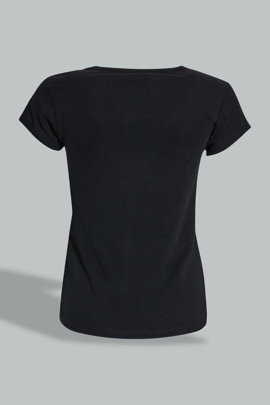 Redtag-Black-Graphic-T-Shirt-Cropped-Tops-Senior-Girls-9 to 14 Years
