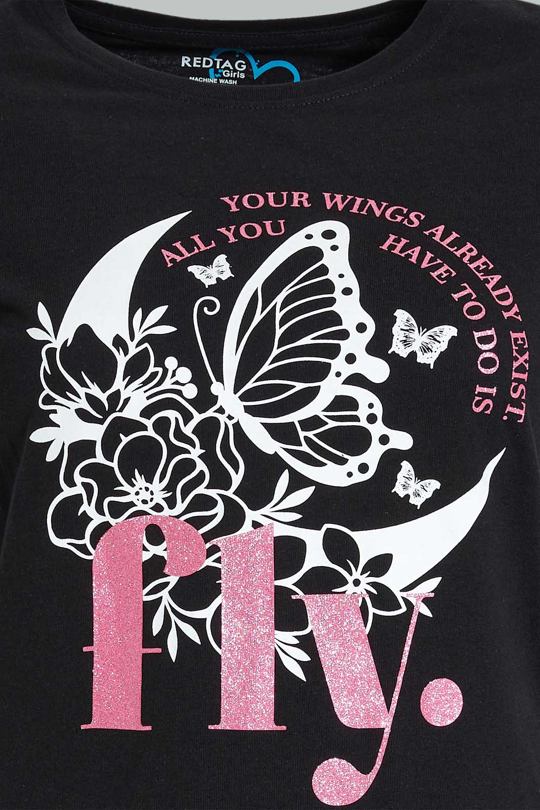 Redtag-Black-Graphic-T-Shirt-Cropped-Tops-Senior-Girls-9 to 14 Years