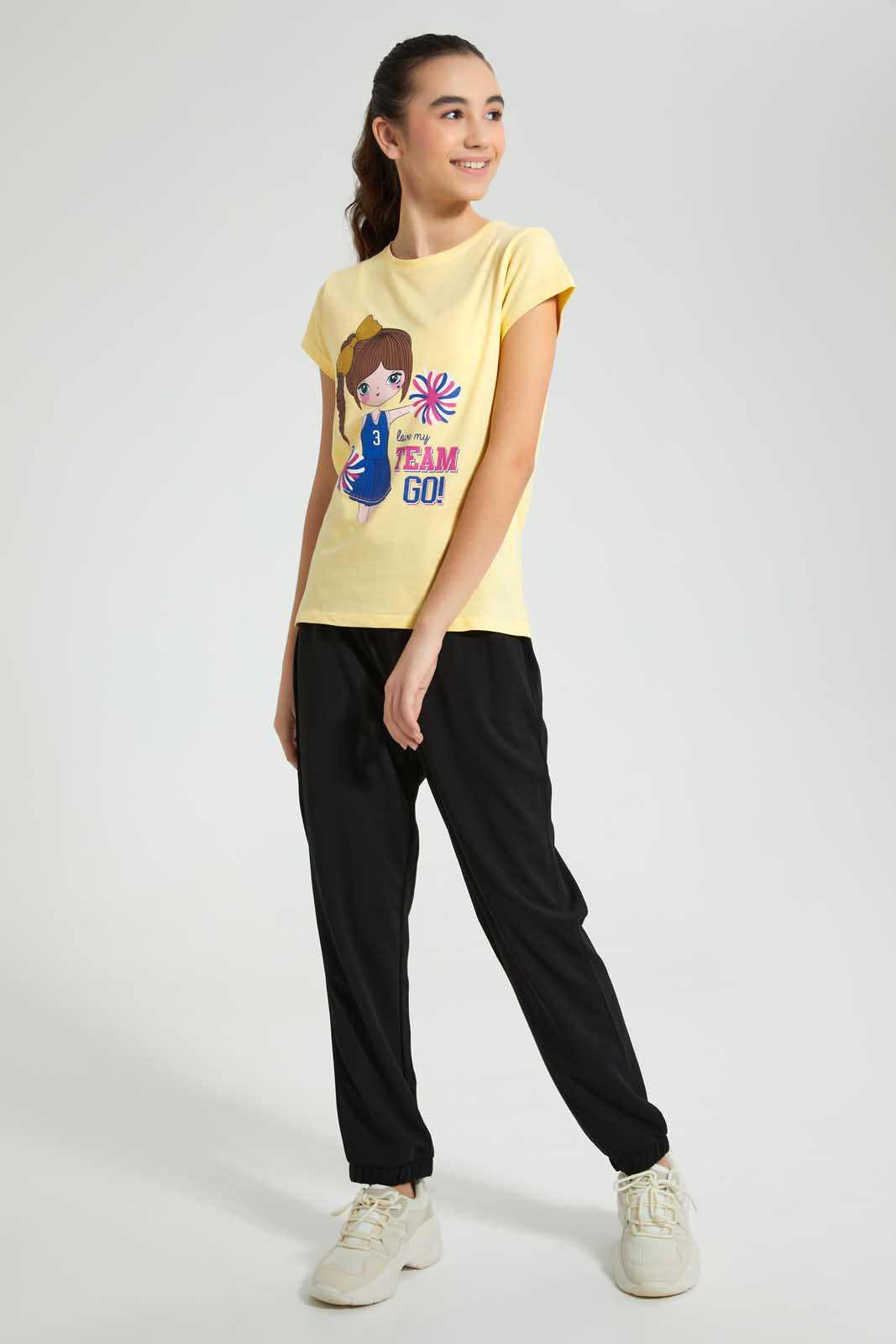 Redtag-Yellow-Graphic-T-Shirt-Cropped-Tops-Senior-Girls-9 to 14 Years