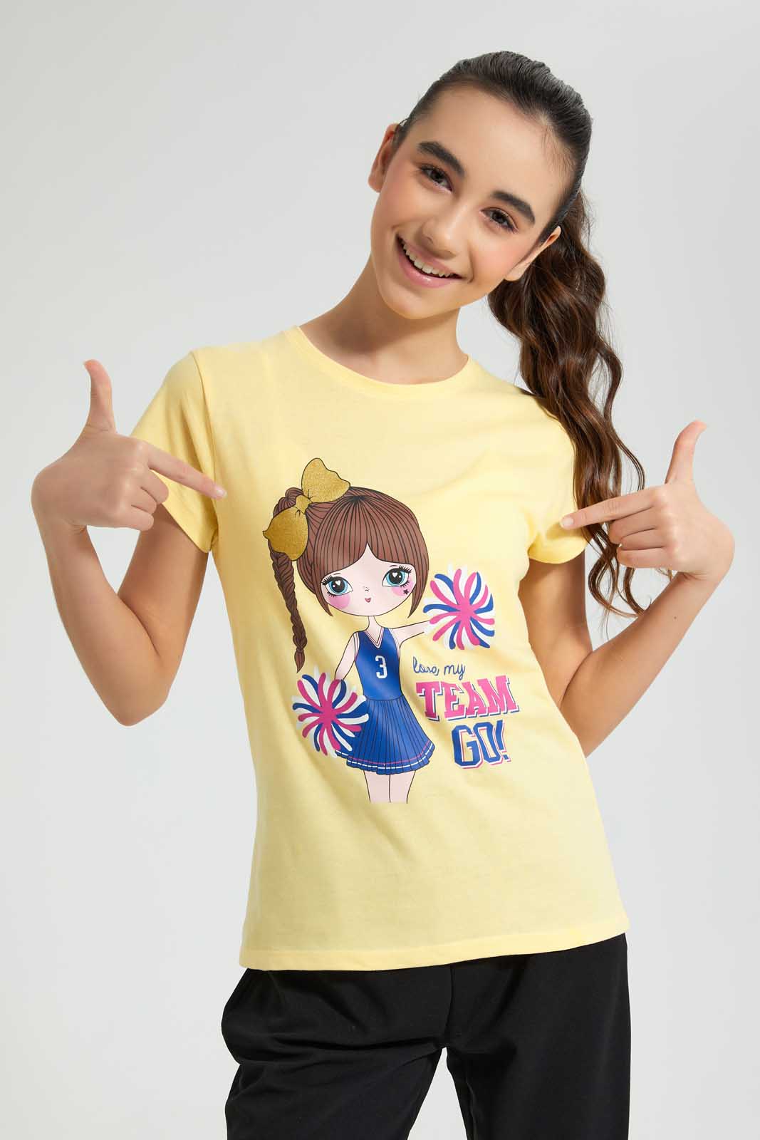 Redtag-Yellow-Graphic-T-Shirt-Cropped-Tops-Senior-Girls-9 to 14 Years