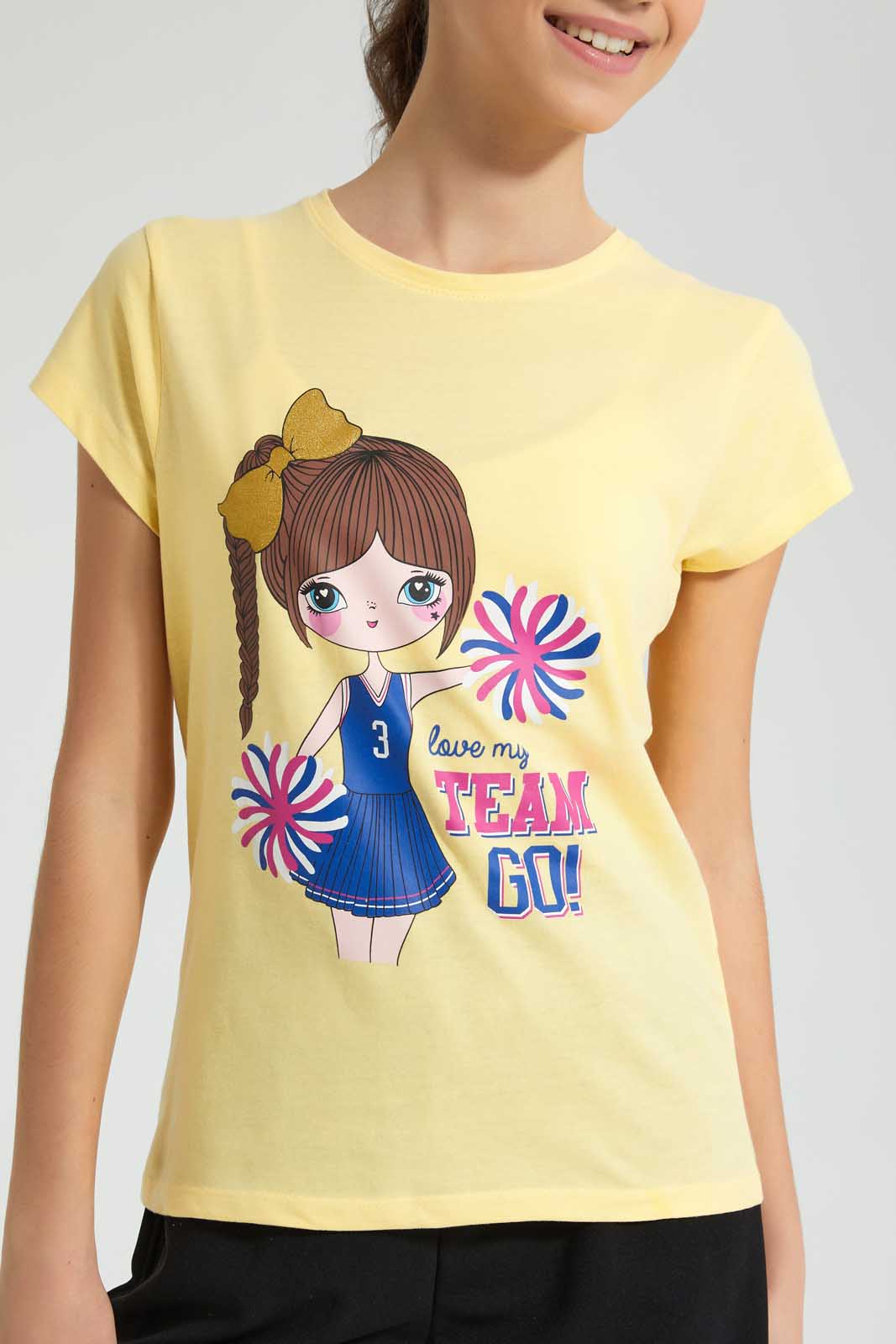 Redtag-Yellow-Graphic-T-Shirt-Cropped-Tops-Senior-Girls-9 to 14 Years