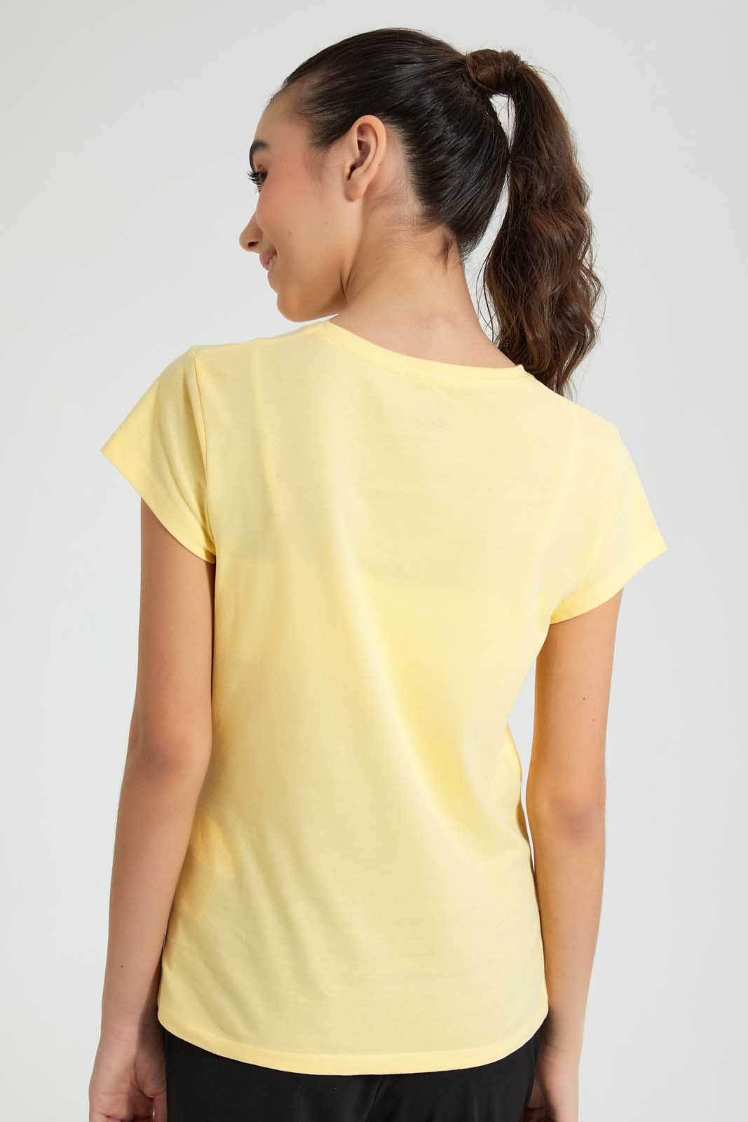 Redtag-Yellow-Graphic-T-Shirt-Cropped-Tops-Senior-Girls-9 to 14 Years