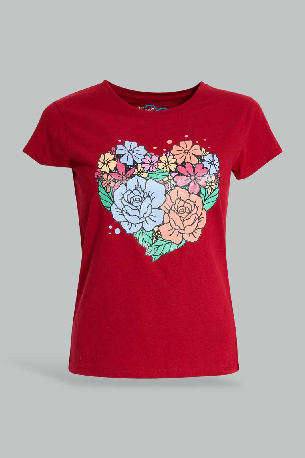 Redtag-Red-Graphic-T-Shirt-Cropped-Tops-Senior-Girls-9 to 14 Years