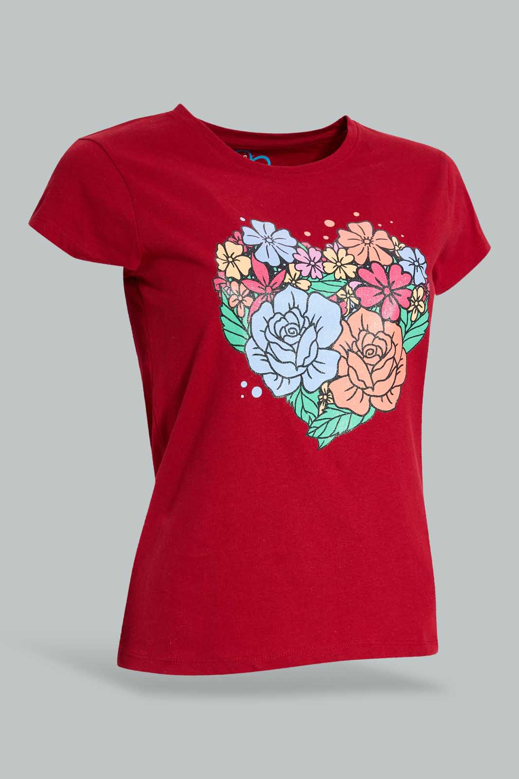 Redtag-Red-Graphic-T-Shirt-Cropped-Tops-Senior-Girls-9 to 14 Years