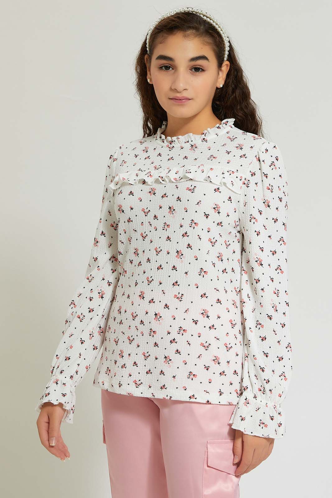 Redtag-White-Floral-Ruffled-Front-Top-Blouses-Senior-Girls-9 to 14 Years