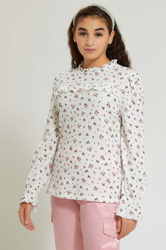 Redtag-White-Floral-Ruffled-Front-Top-Blouses-Senior-Girls-9 to 14 Years