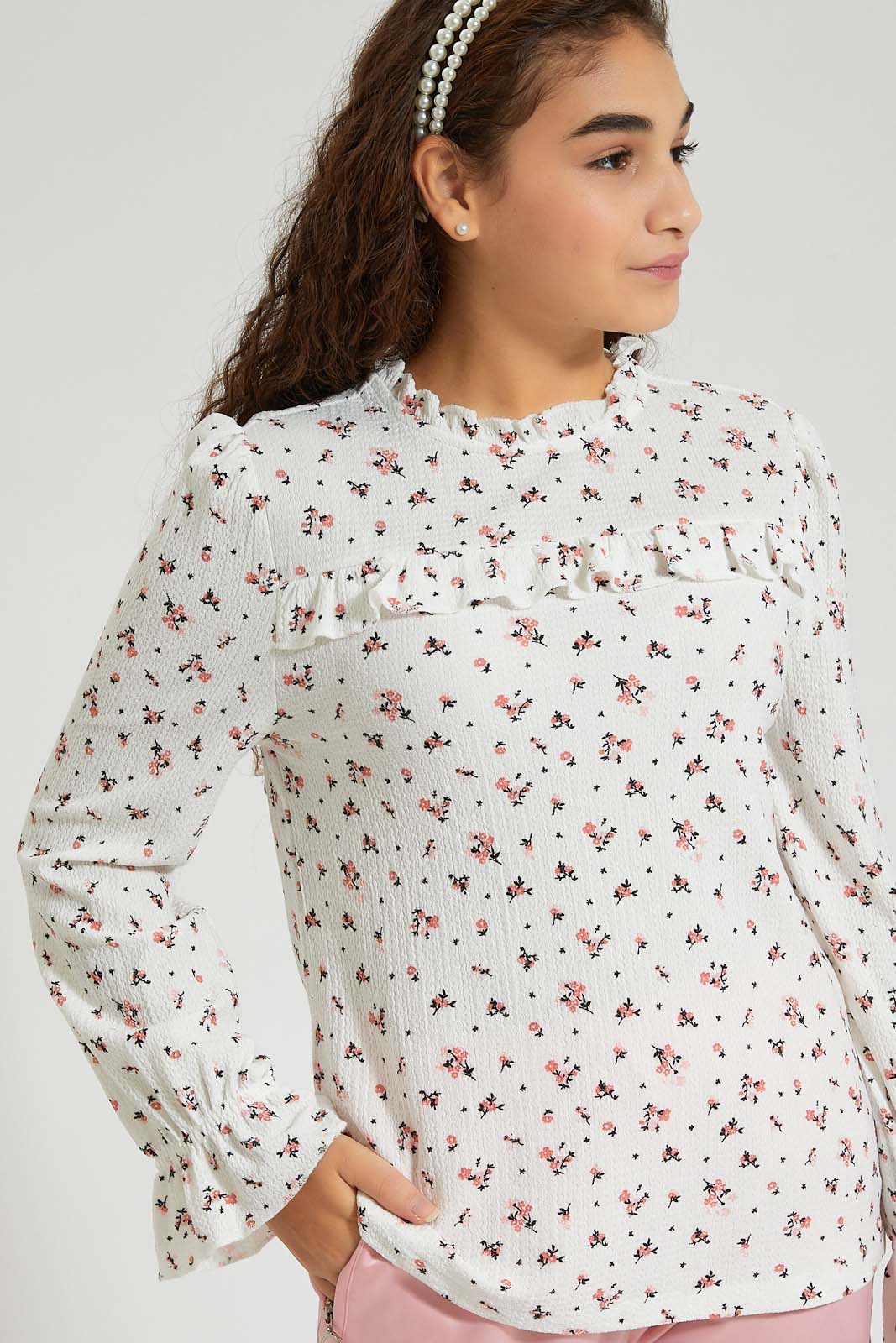 Redtag-White-Floral-Ruffled-Front-Top-Blouses-Senior-Girls-9 to 14 Years