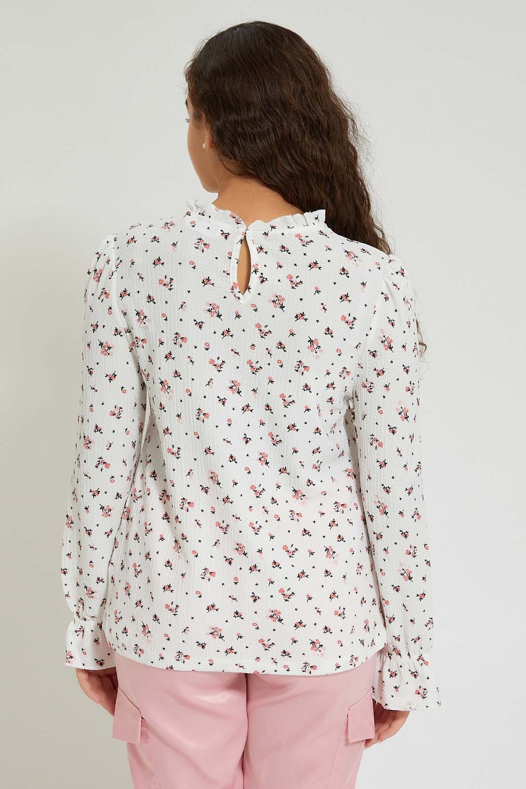 Redtag-White-Floral-Ruffled-Front-Top-Blouses-Senior-Girls-9 to 14 Years