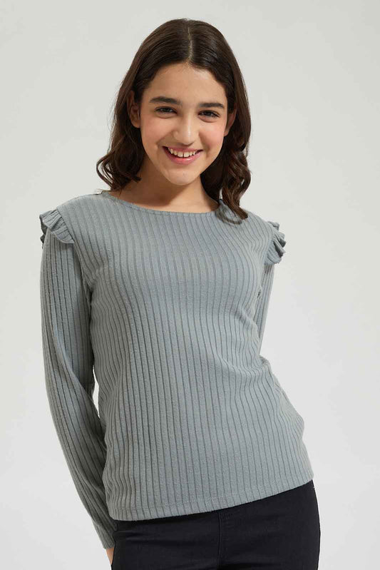Redtag-Grey-Melange-Ruffled-Rib-T-Shirt-Colour:Grey,-Filter:Senior-Girls-(9-to-14-Yrs),-GSR-T-Shirts,-New-In,-New-In-GSR,-Non-Sale,-Section:Kidswear,-TBL,-W21B-Senior-Girls-9 to 14 Years