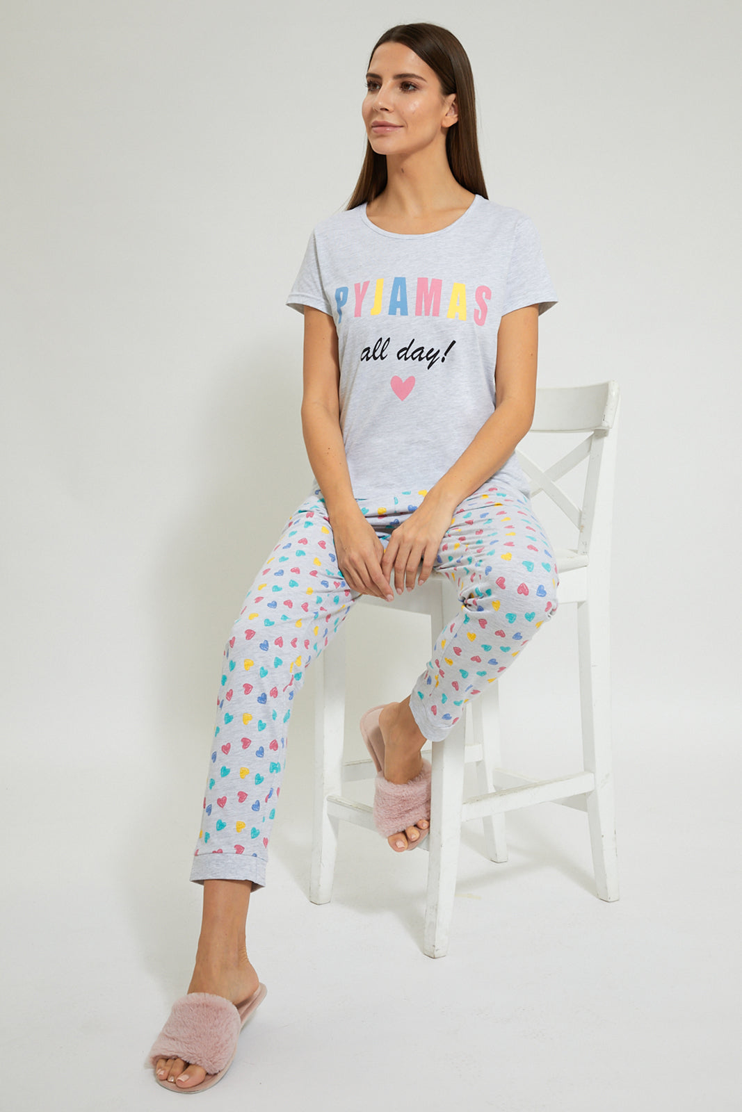 Redtag-Grey-All-Day-Printed-Pyjama-Set-(2-Pcs)-Pyjama-Sets-Women's-
