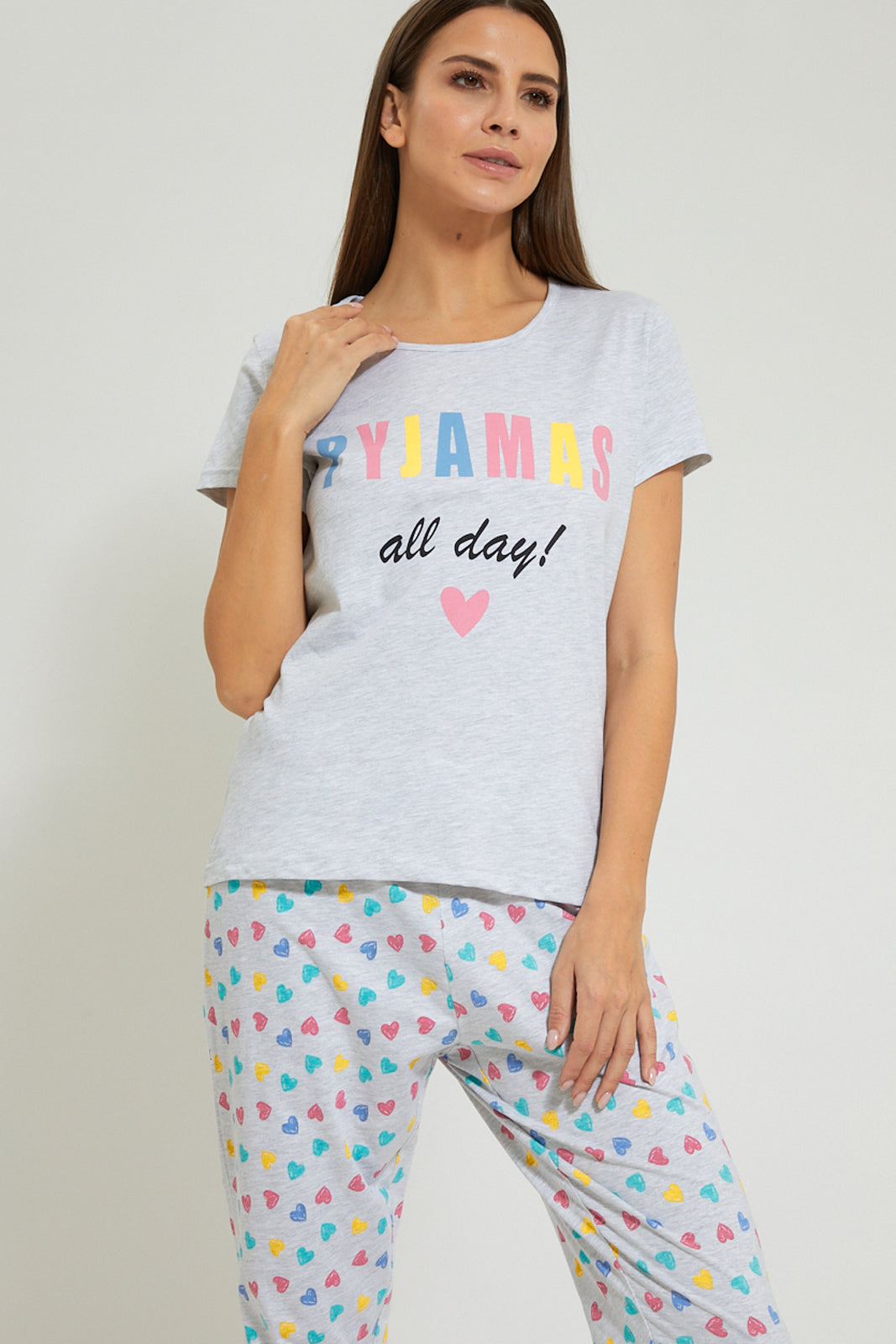 Redtag-Grey-All-Day-Printed-Pyjama-Set-(2-Pcs)-Pyjama-Sets-Women's-