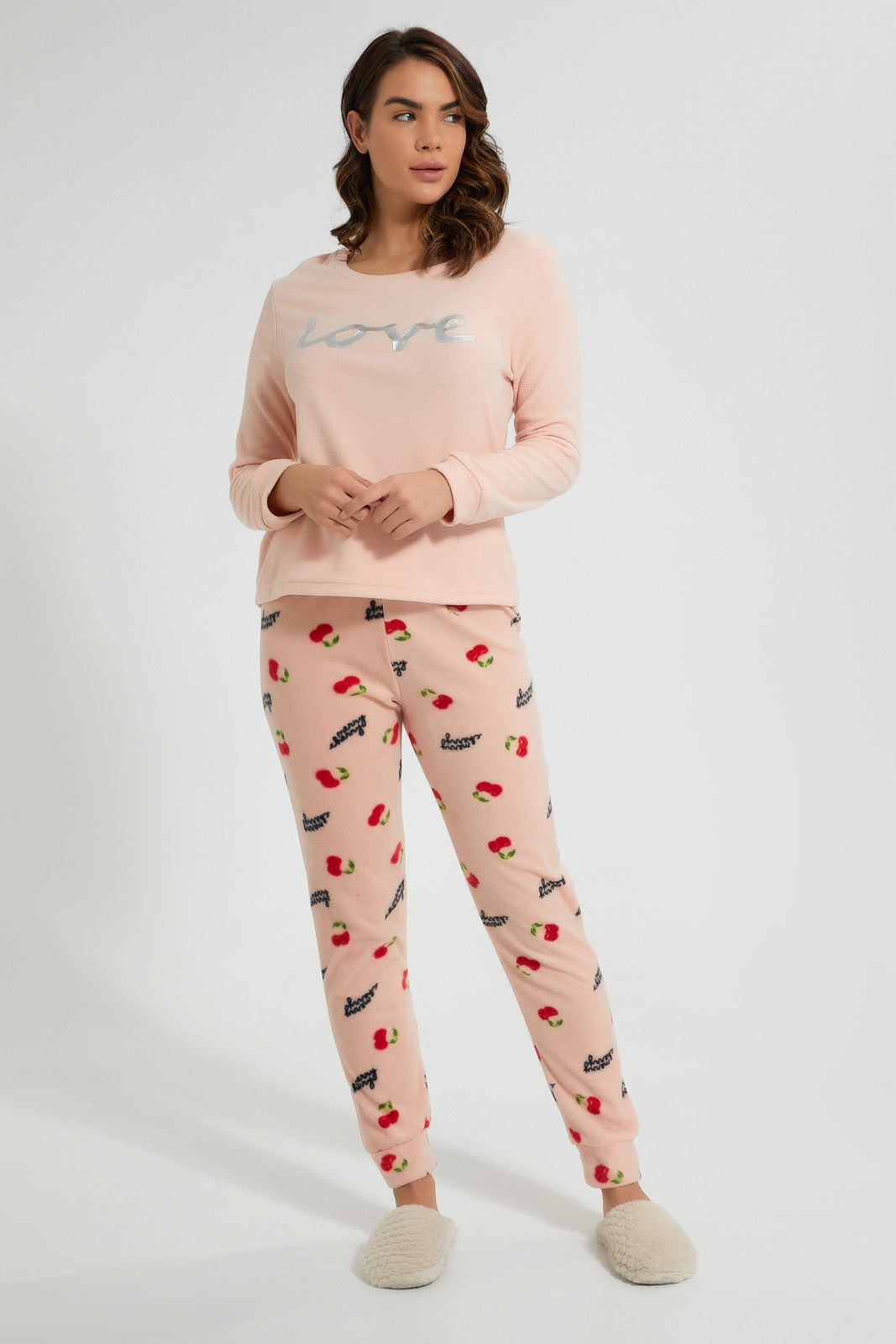 Redtag-Peach-Printed-Fleece-Pyjama-Set-Pyjama-Sets-Women's-