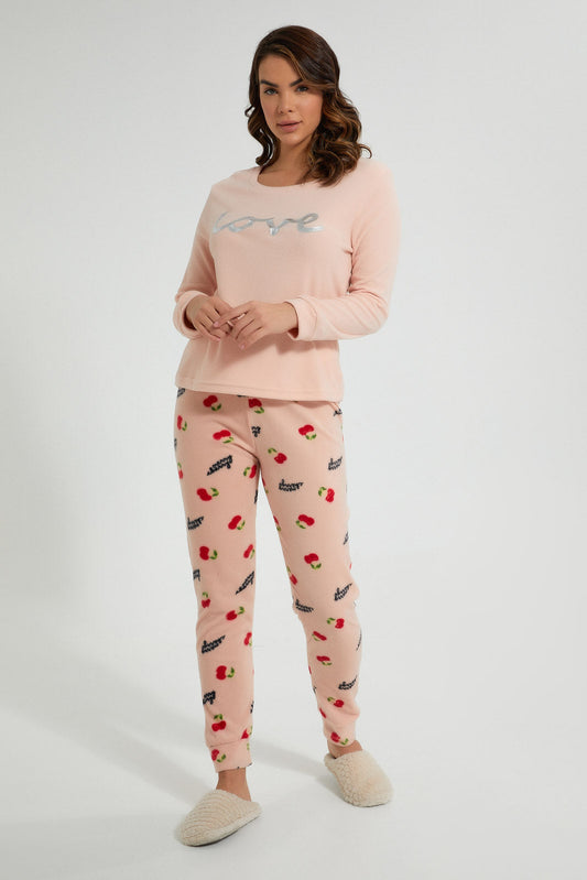 Redtag-Peach-Printed-Fleece-Pyjama-Set-Pyjama-Sets-Women's-