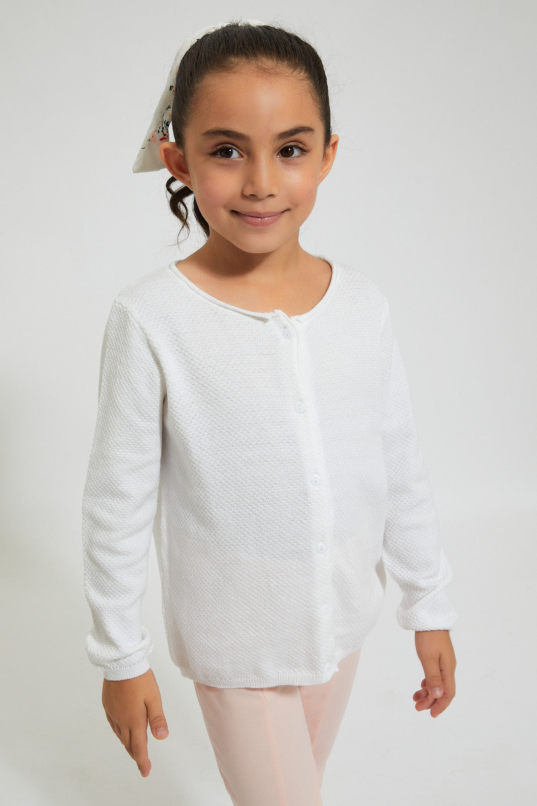 Girls White Ribbed Cardigan