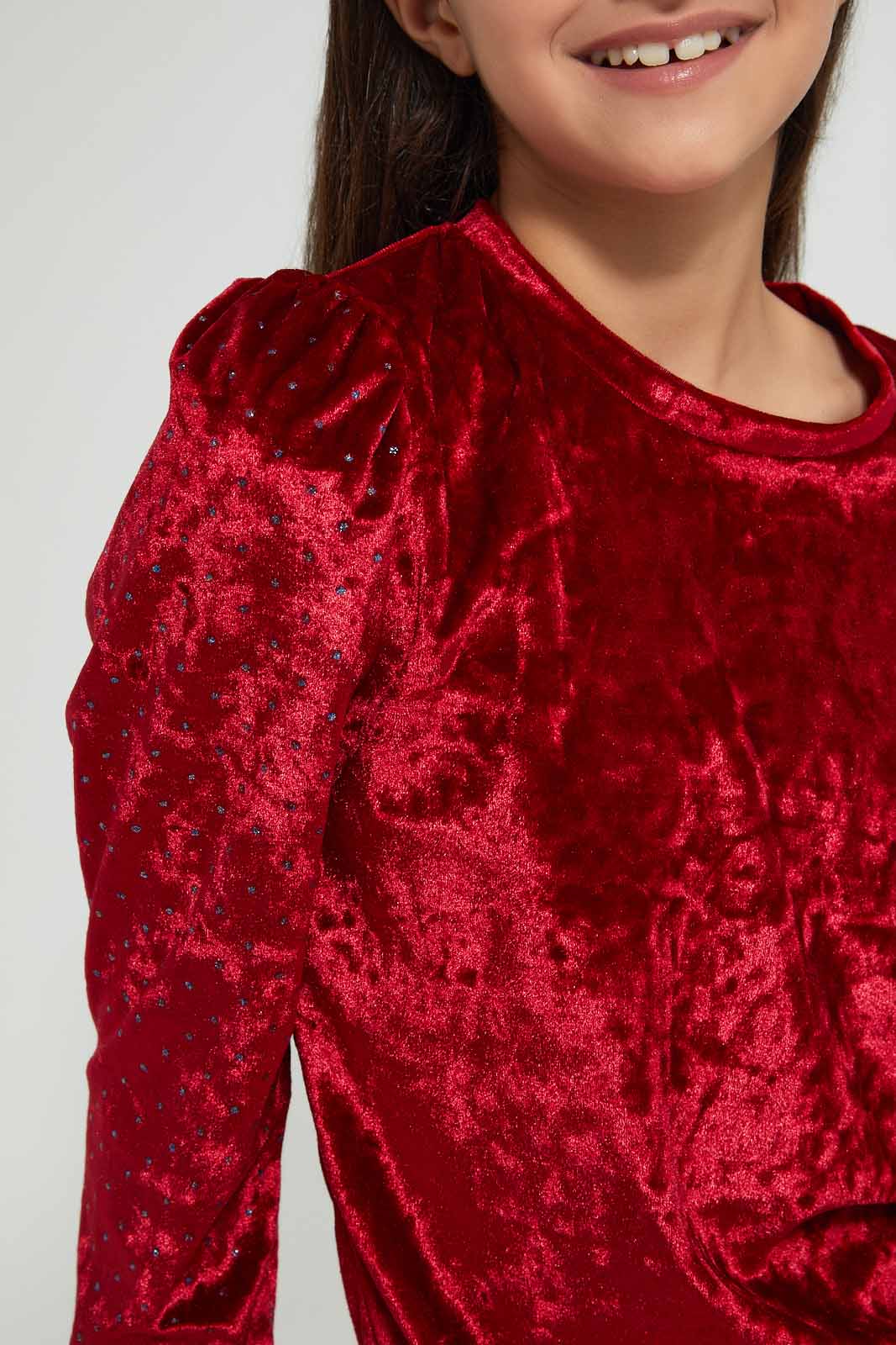 Redtag-Red-Velvet-Top-With-Lurex-Sleeve-Blouses-Senior-Girls-9 to 14 Years