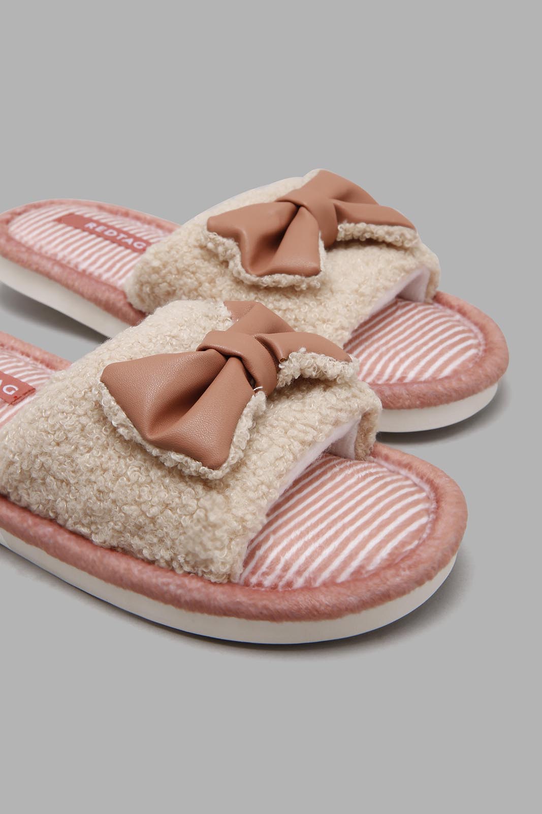Redtag-Ivory-Bow-Trim-Slippers-Slippers-Senior-Girls-5 to 14 Years