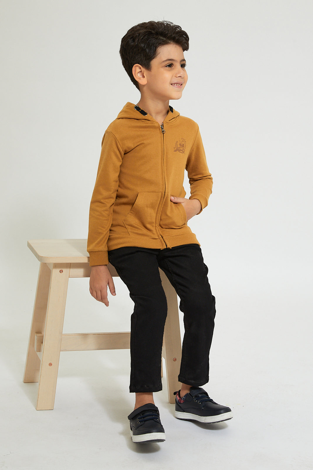 Boys Brown Printed Hooded Sweatshirt With Zipper