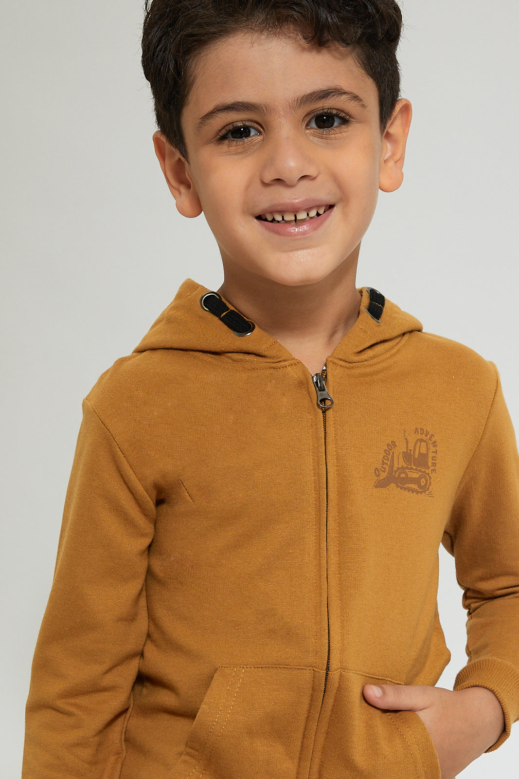 Boys Brown Printed Hooded Sweatshirt With Zipper