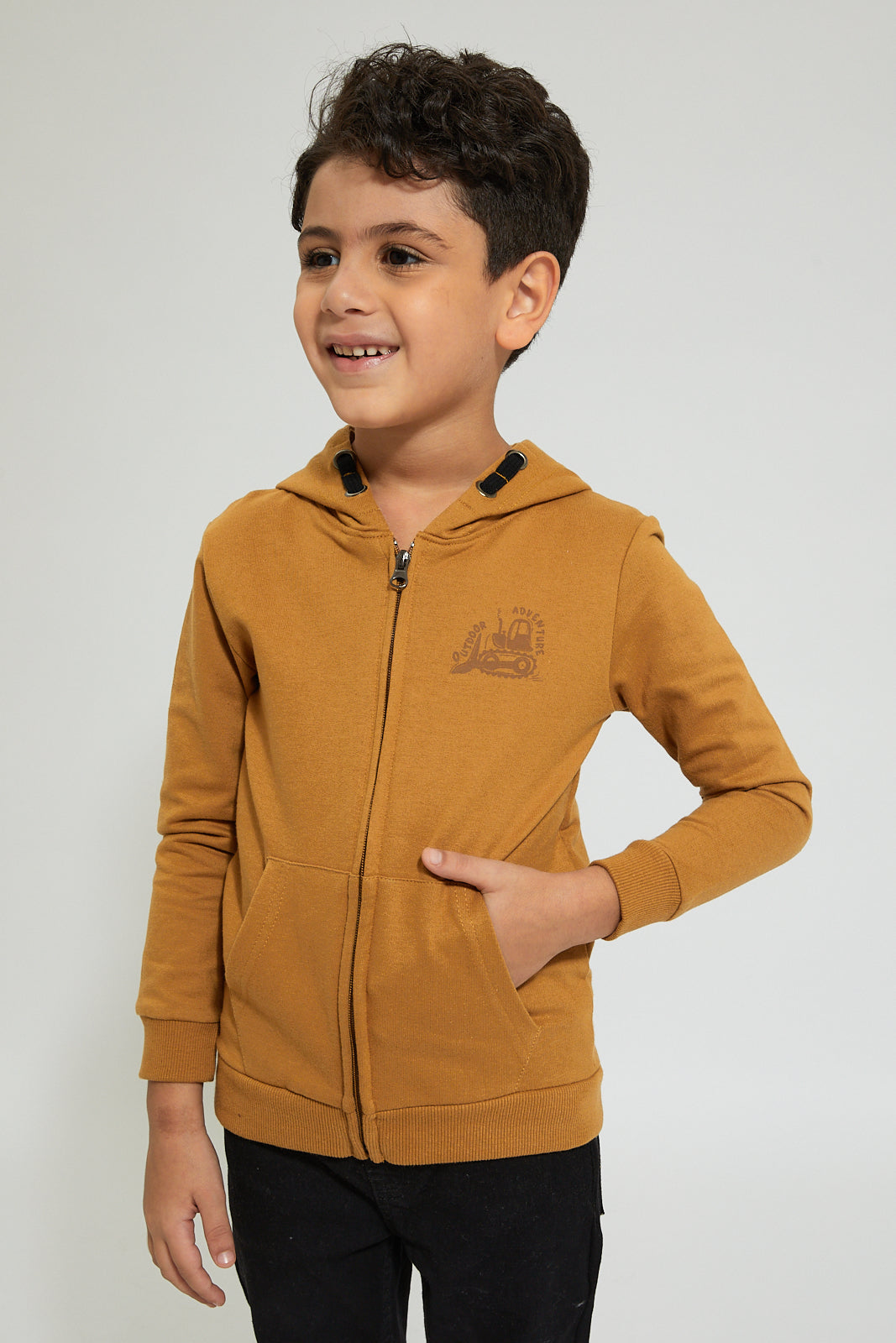 Boys Brown Printed Hooded Sweatshirt With Zipper