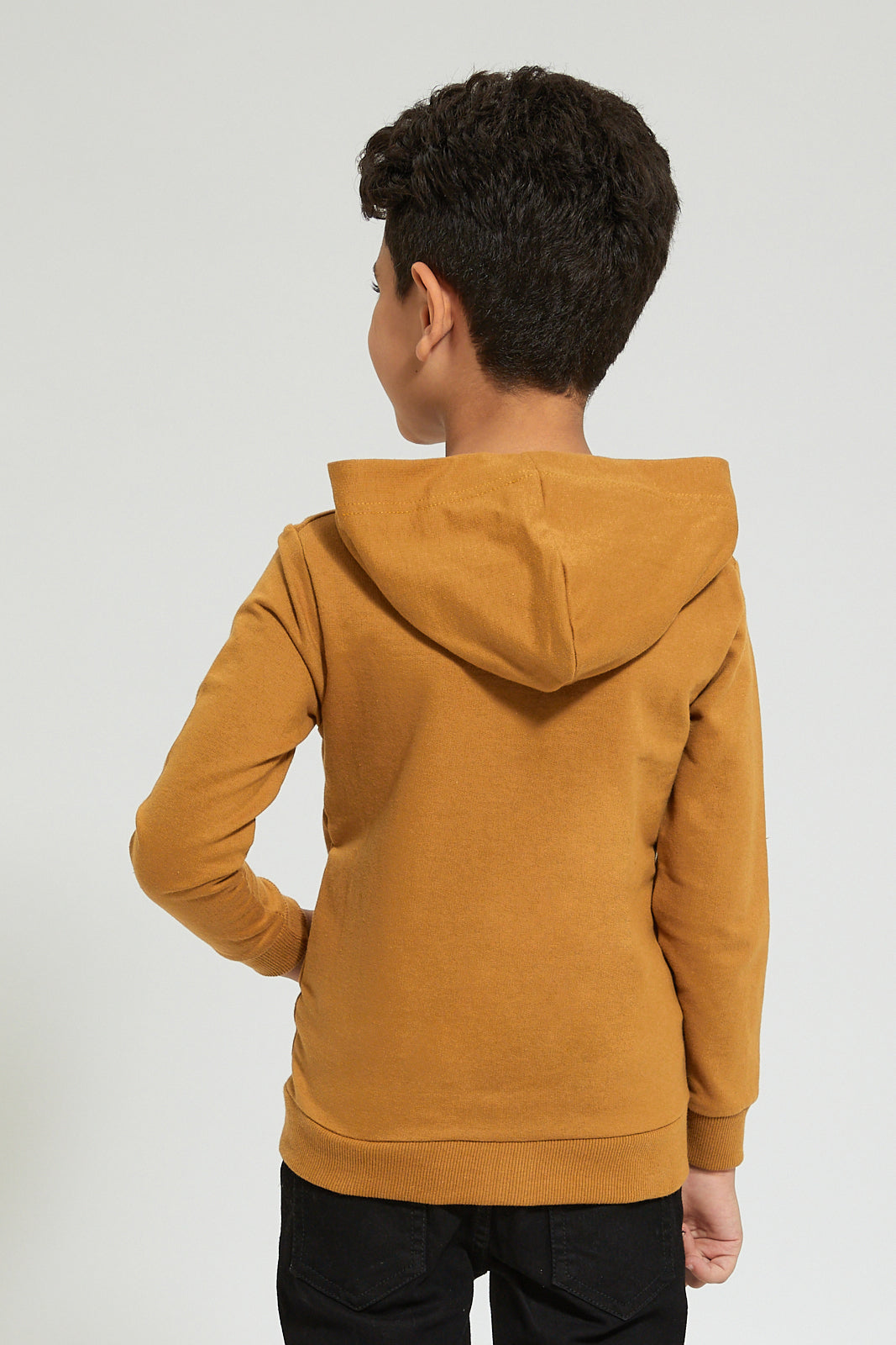 Boys Brown Printed Hooded Sweatshirt With Zipper