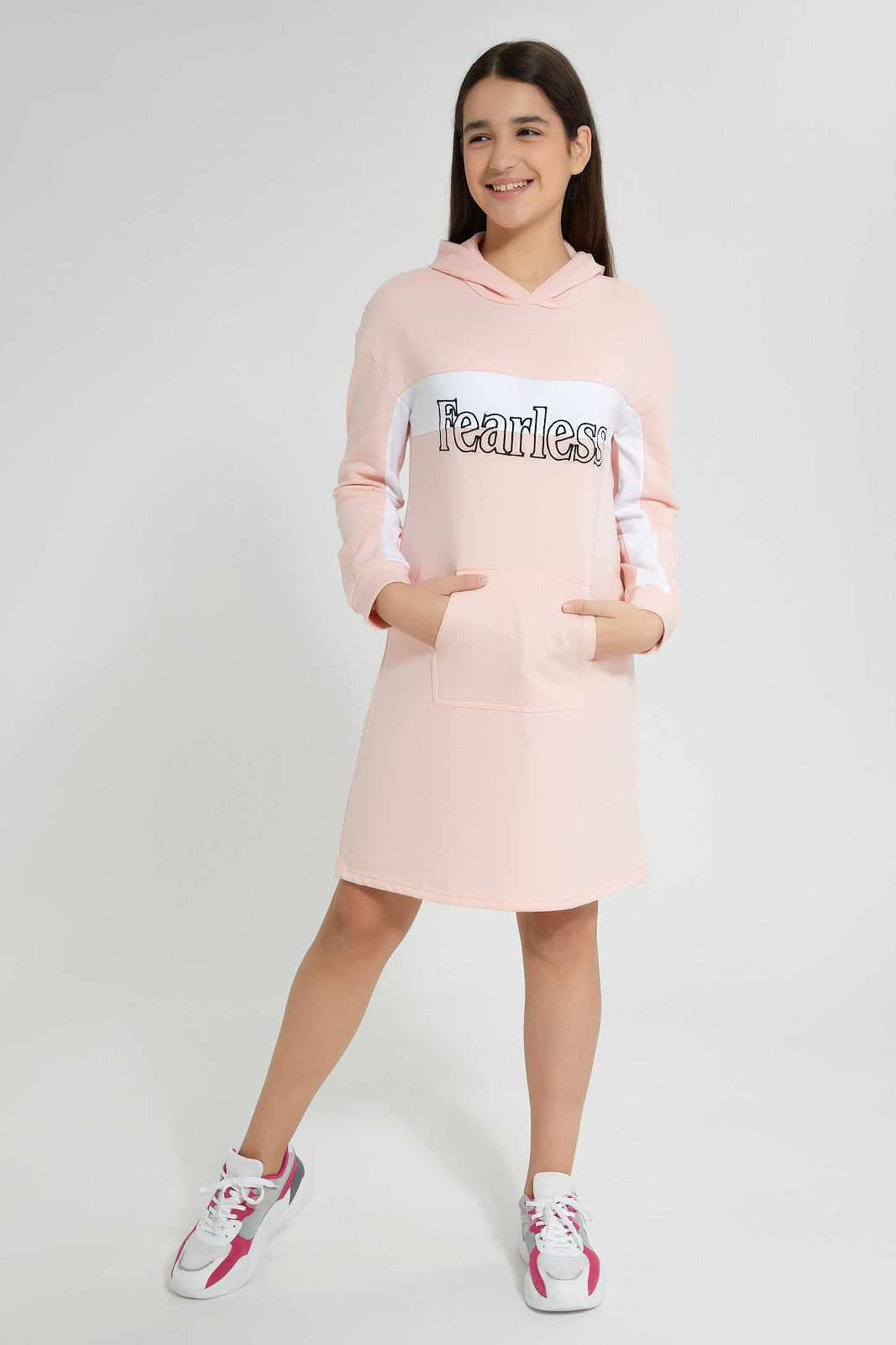 Redtag-Pink/White-Colorblocking-Hooded-Dress-Dresses-Senior-Girls-9 to 14 Years