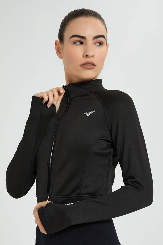 Redtag-Black-Zip-Front-Sweatshirt-With-Placement-Print-Colour:Black,-Filter:Women's-Clothing,-New-In,-New-In-Women,-Non-Sale,-Section:Women,-W21A,-Women-Sweatshirts-Women's-