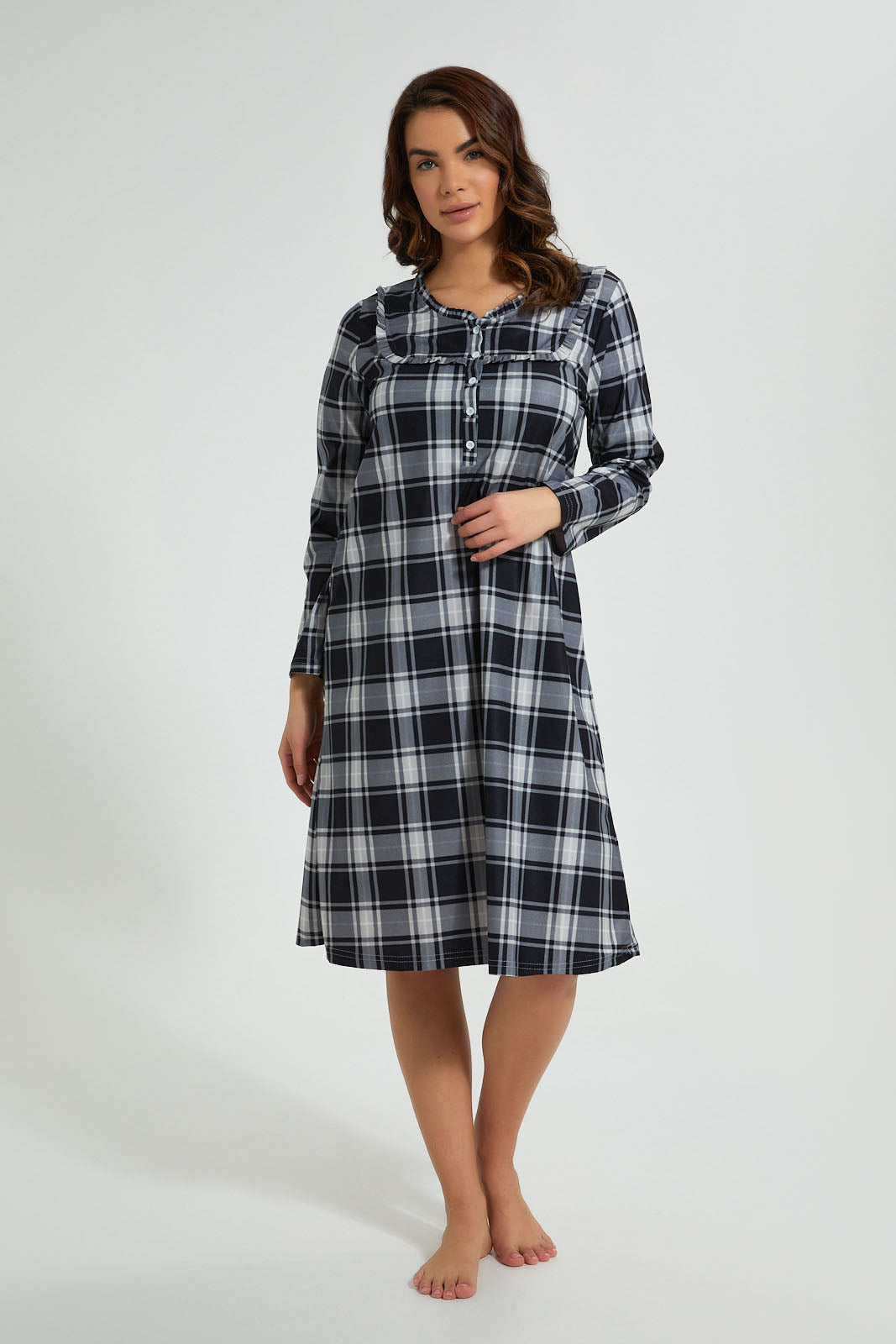 Redtag-White/Black-Flannel-Yarn-Dyed-Nightgown-Nightgowns-Women's-