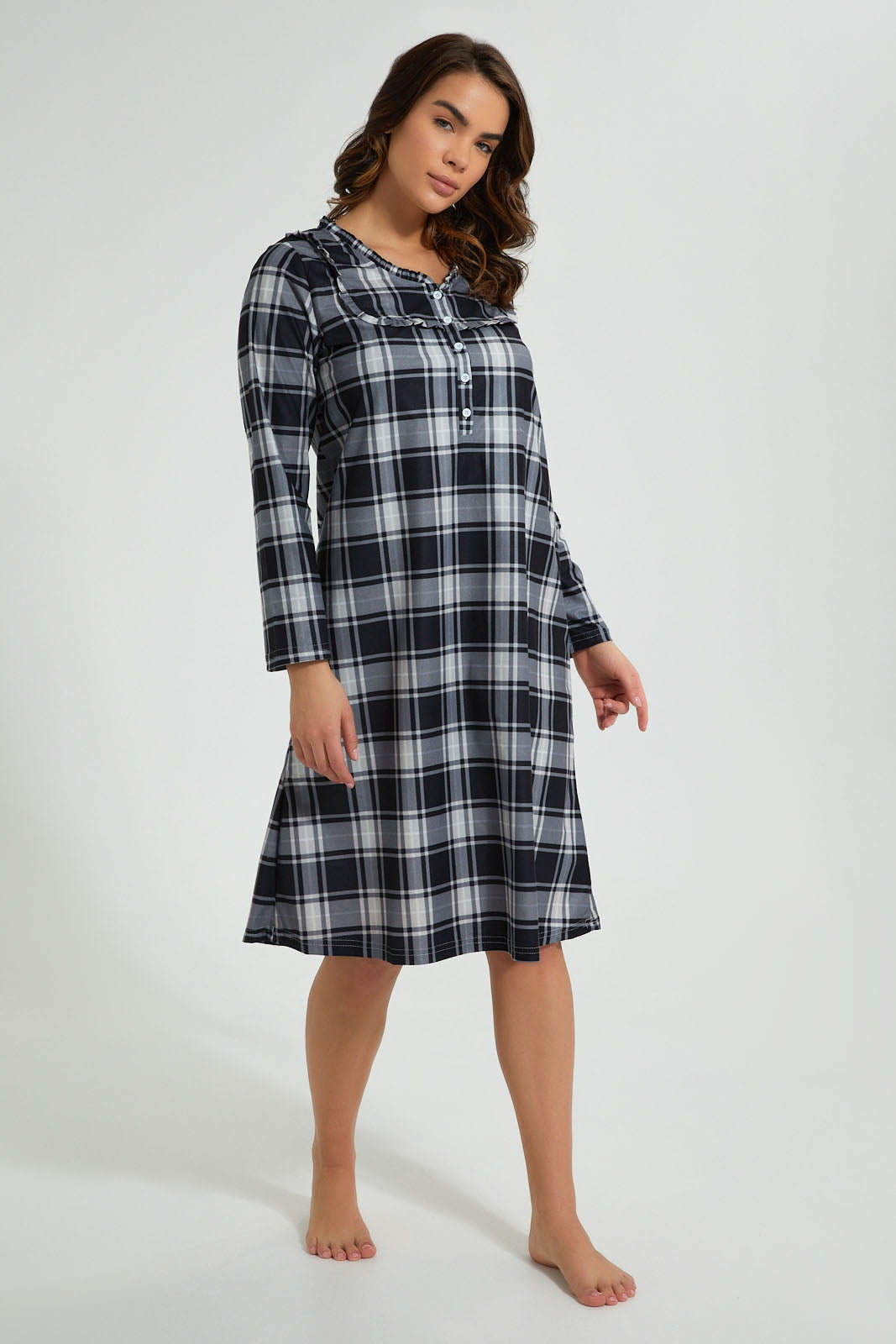 Redtag-White/Black-Flannel-Yarn-Dyed-Nightgown-Nightgowns-Women's-