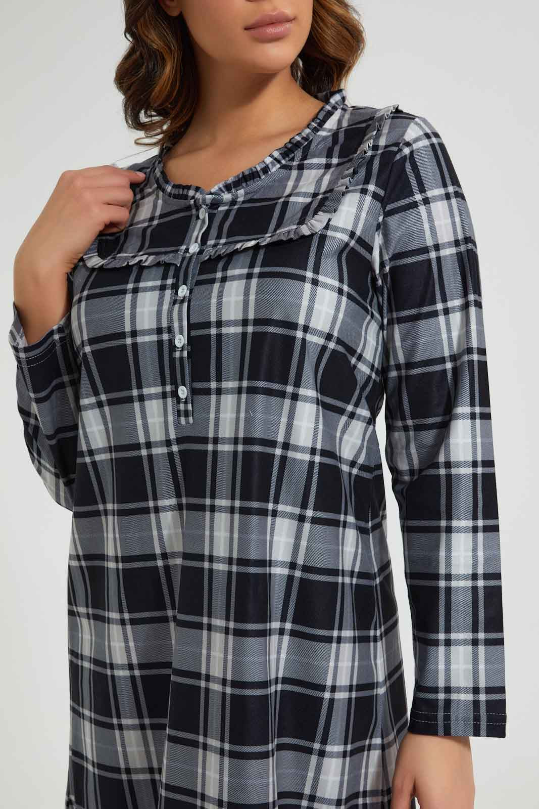 Redtag-White/Black-Flannel-Yarn-Dyed-Nightgown-Nightgowns-Women's-